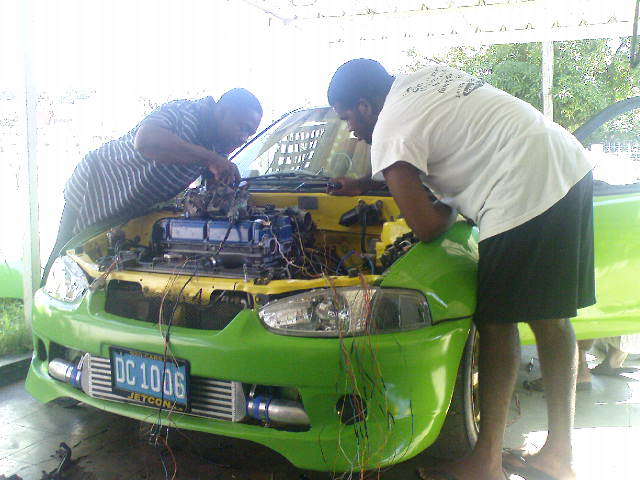 Engine bay being wired up